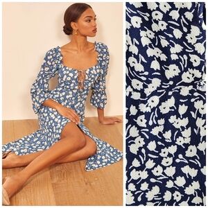Reformation Roberta Crepe Midi Dress Floral Blue Size 10 Boho Milkmaid
